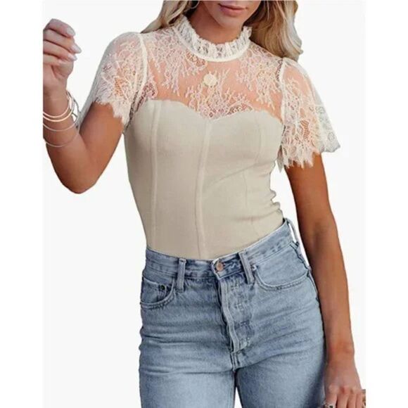 Beige Embroidered Crochet Lace Sheer Short Sleeve High Neck Top Blouse - Picture 5 of 8